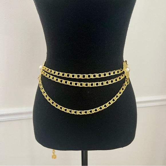 Vintage Accessories - Vintage Gold and Pearl Layered Chain Belt